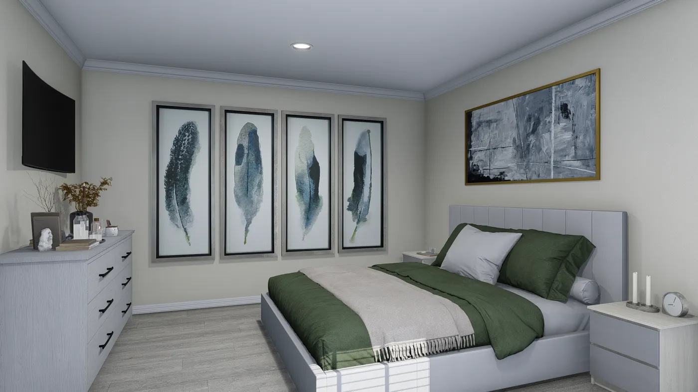 Bedroom with gray and green accents. Bed, dresser, artwork, and TV are visible.