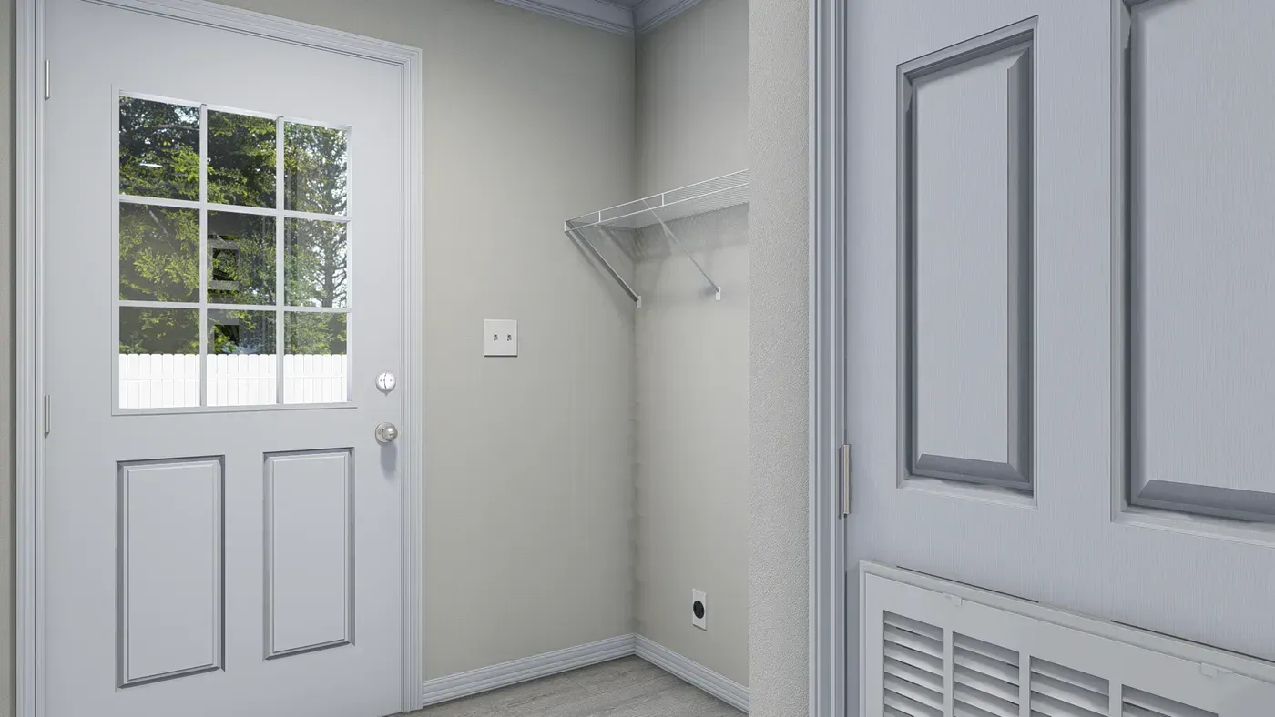A small, white-walled room with a glass-paned door, a coat rack, and a closed door on the right.