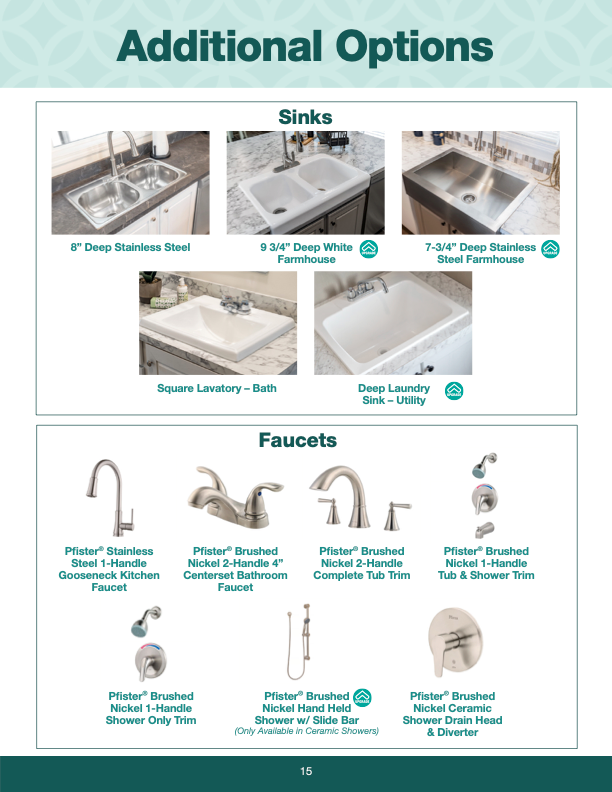 Options for sinks and faucets including types, styles and materials available.