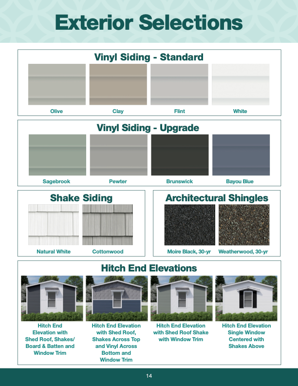 Exterior siding and shingle options, plus small hitch end elevation home examples.