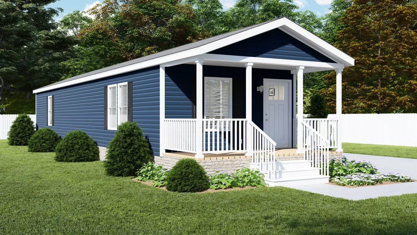 Blue modular home with white porch, steps, and landscaping.