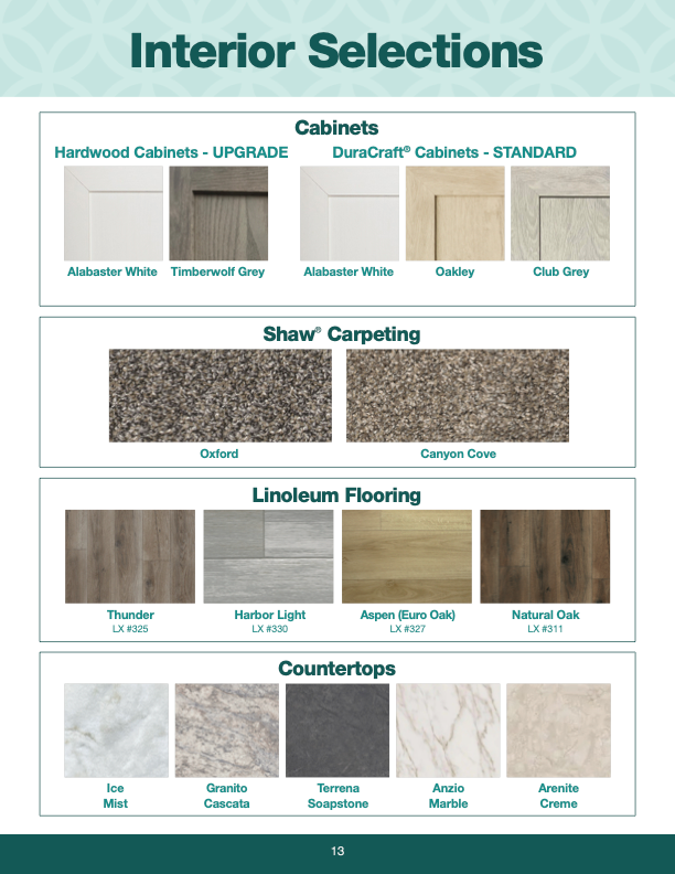 Interior selections guide with cabinet, carpet, flooring, and countertop options.