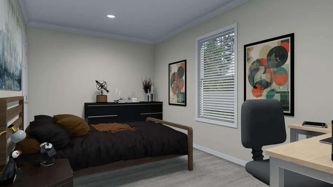 Bedroom interior with a bed, desk, and artwork.