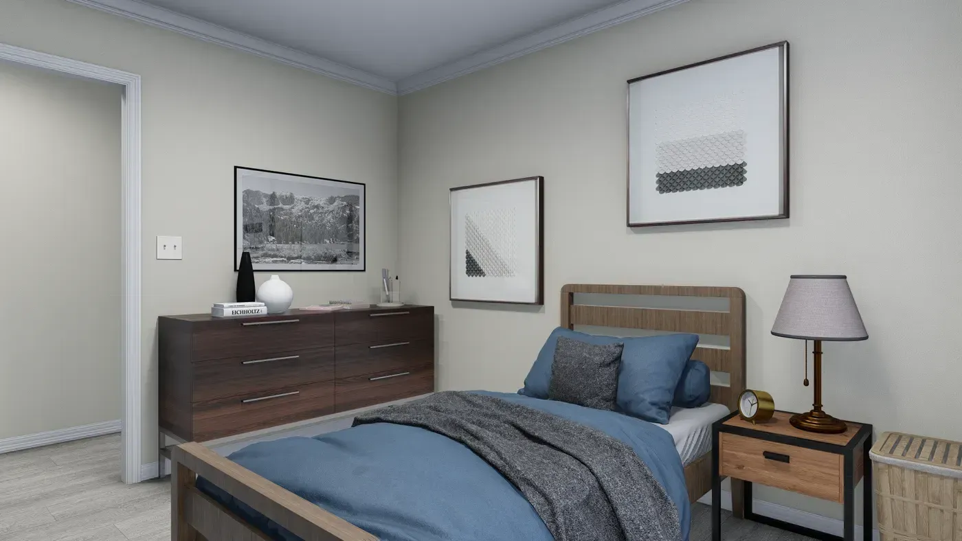 Bedroom with a bed, dresser, nightstand, and framed art on neutral-colored walls.