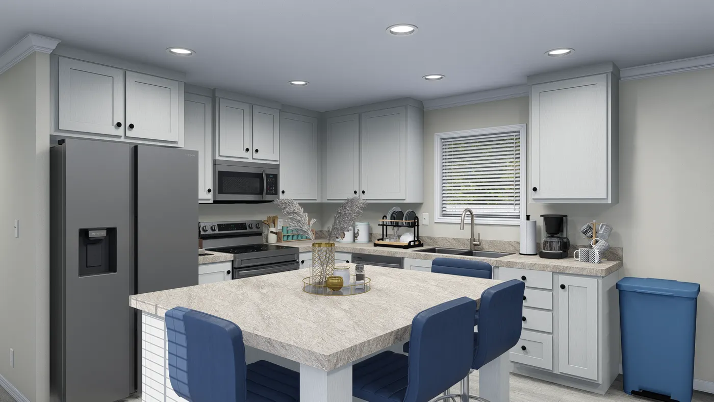 A kitchen with white cabinets, stainless steel appliances, and a central island with blue chairs.