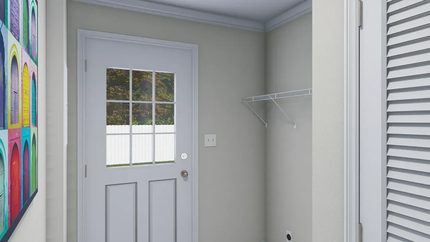 Hallway with a white door, clothes rack, and shuttered window.