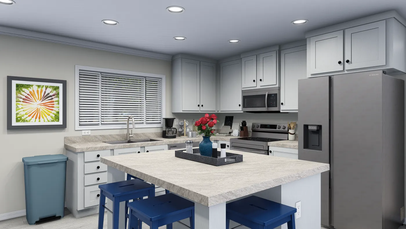 Kitchen with white cabinets, island, and stainless steel appliances; blue accents.