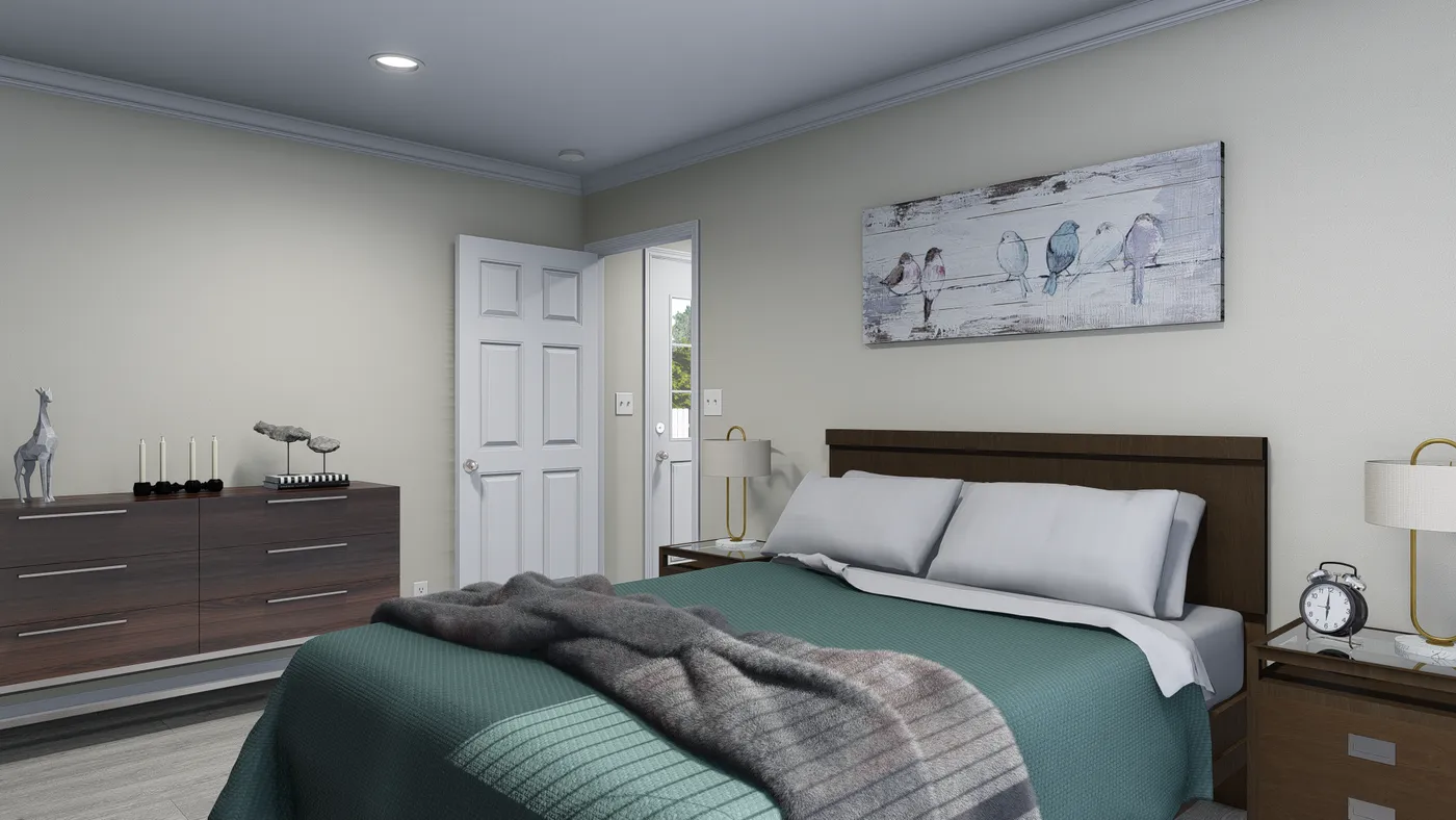 Bedroom with a bed, dresser, nightstand, art, and open door to hallway.