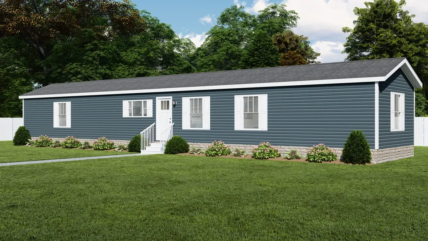 Blue manufactured home with white trim and a green lawn.