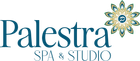 The logo for palestra spa and studio has a flower on it.