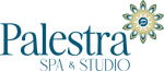 The logo for palestra spa and studio has a flower on it.