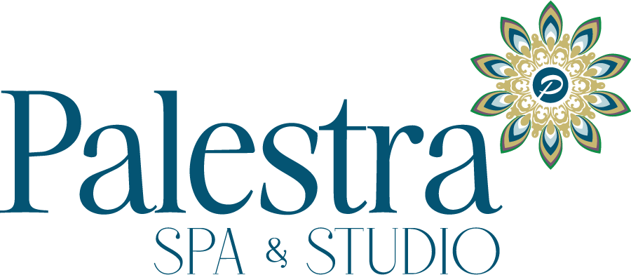 The logo for palestra spa and studio has a flower on it.