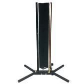 A vertical, black, fabric-covered display stand with a tripod-style cross base on a white background.