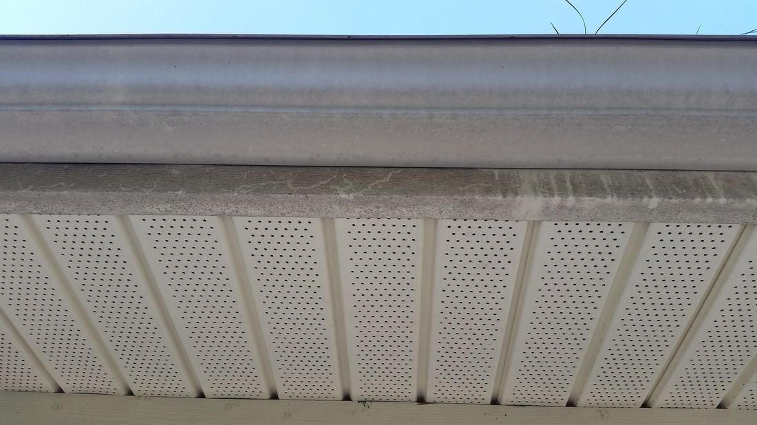 A low-angle view of a white, perforated vinyl soffit panel beneath a gutter and the edge of a roof.