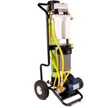 A portable water filtration cart featuring a vertical tank, multiple filter canisters, yellow tubing, and a pump.
