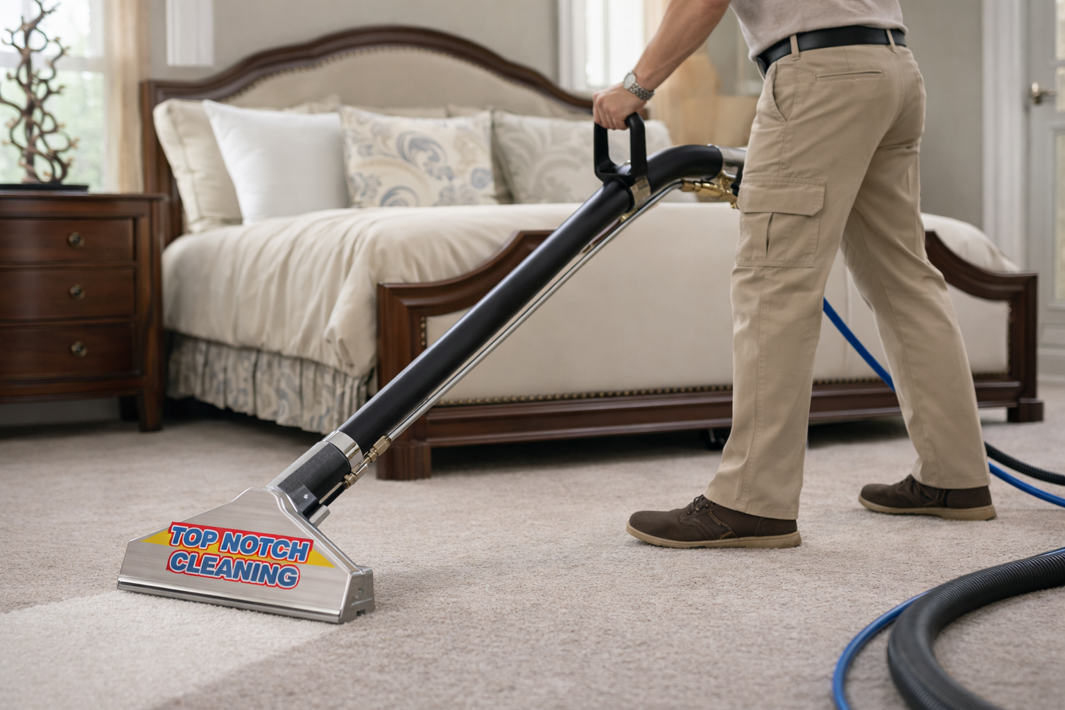 Person cleaning a carpet in a bedroom with a professional carpet cleaning machine.