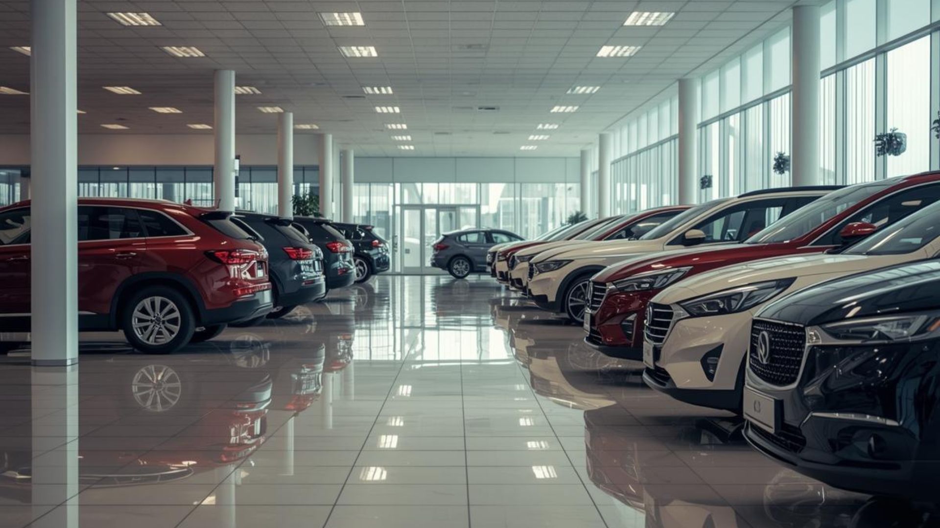 Cars lined up inside a brightly lit dealership showroom with reflective tile flooring.