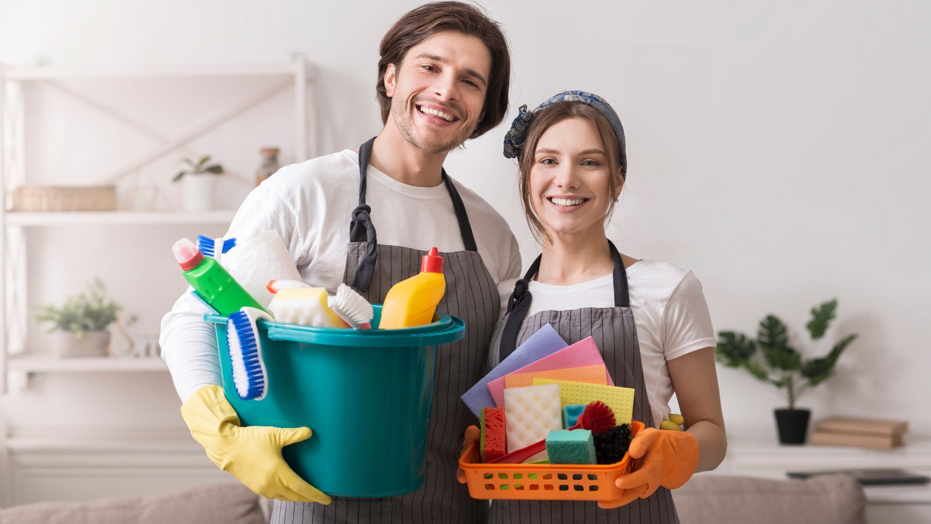Smiling people hold cleaning supplies; a bucket and basket; indoors.