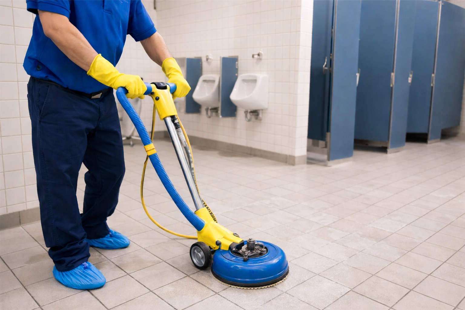 Person cleaning a public restroom floor with a rotary floor scrubber.