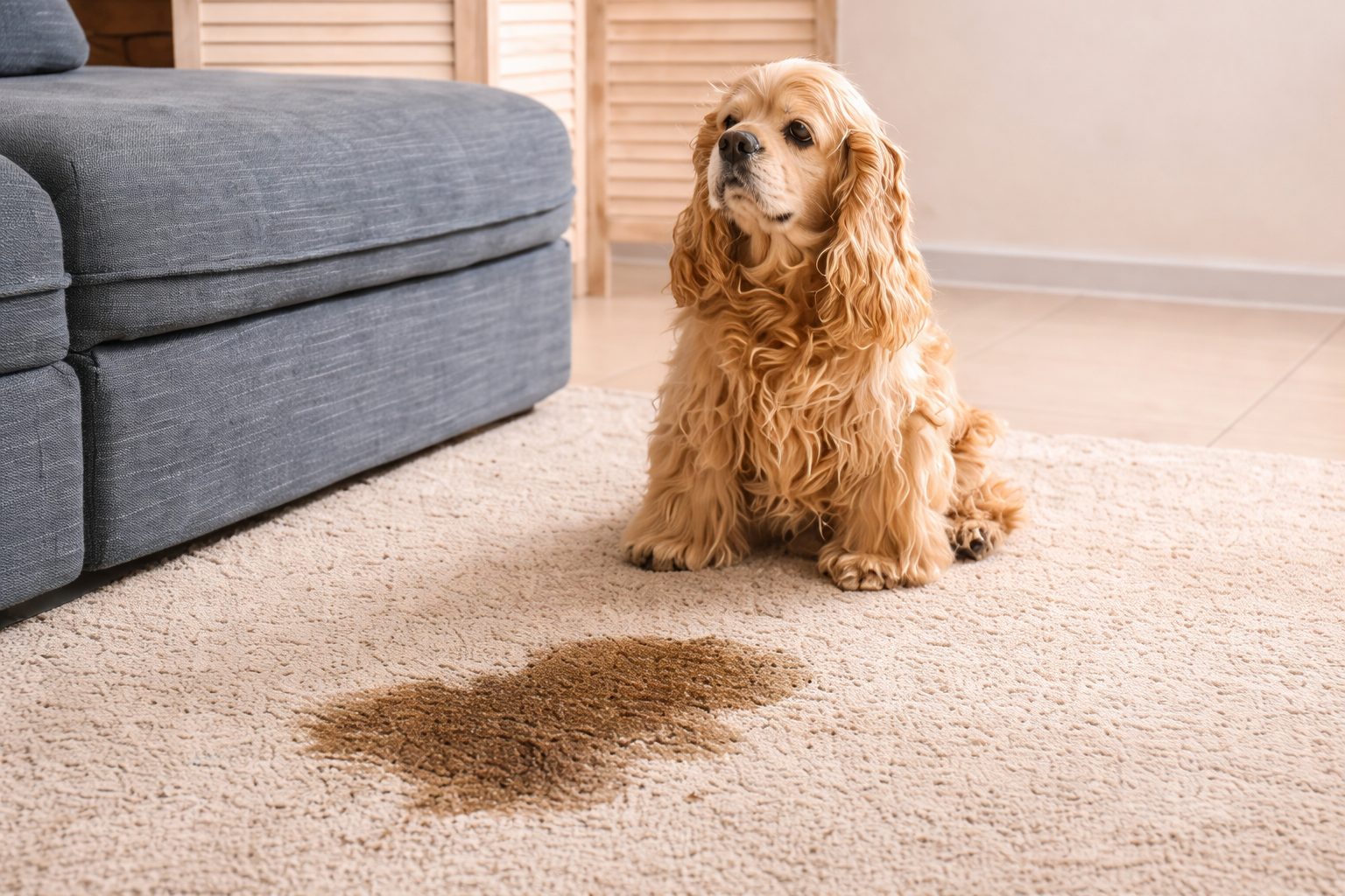 A dog sits near a stain on a rug next to a blue sofa in a room.