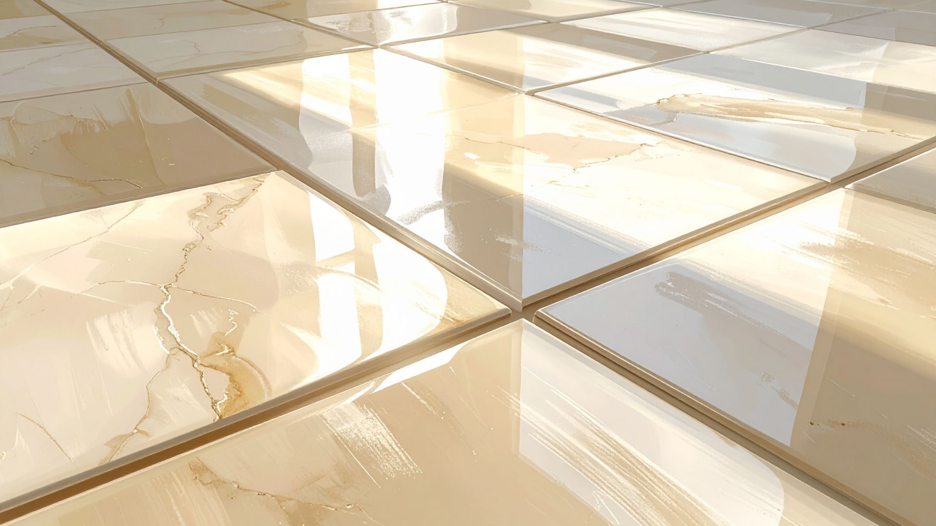 Glossy beige tile floor with visible grout lines reflecting bright light.
