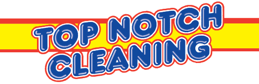 Logo for Top Notch Cleaning, featuring blue text with red and white outlines, set against a yellow and red stripe.