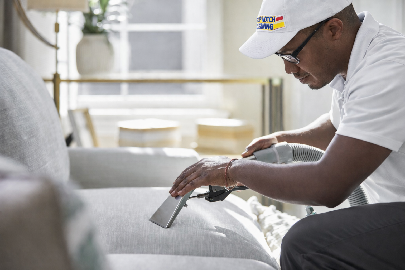 Person cleaning a sofa with a handheld upholstery cleaner.