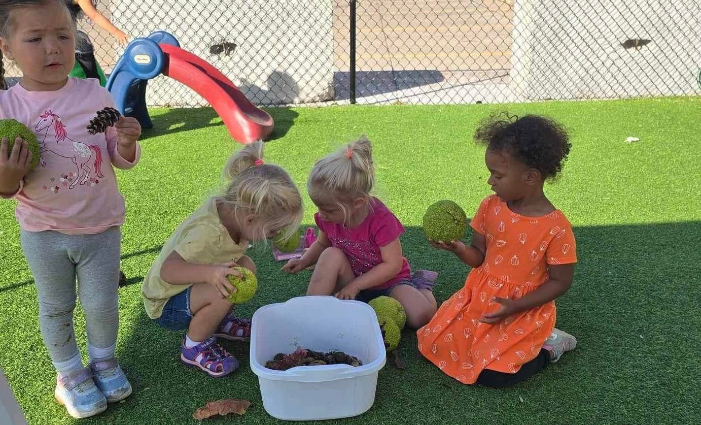 Children on artificial turf examine objects with a bucket. One child holds a green ball, others crouch.