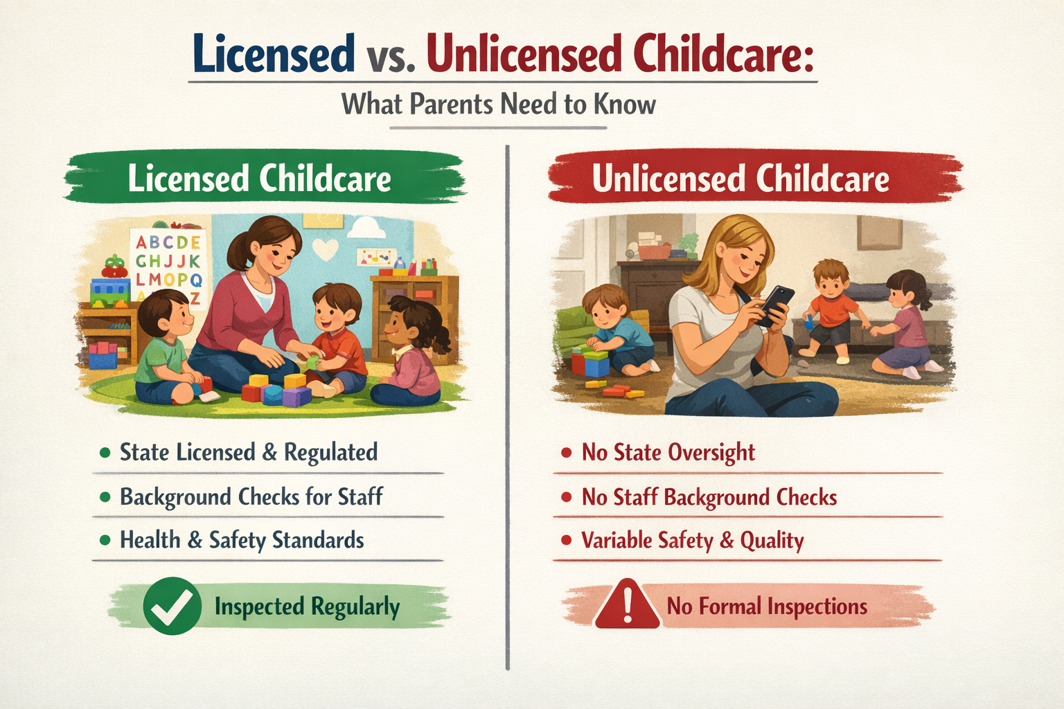 Comparison chart of licensed versus unlicensed childcare, highlighting differences in oversight, safety, and inspections.