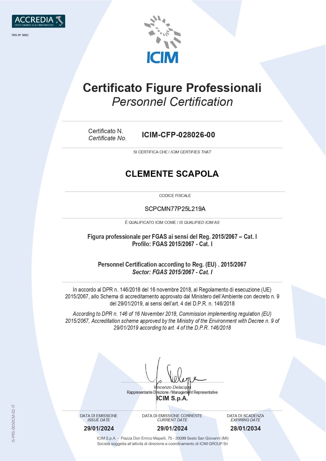 Patentino FGAS Scapola Impianti