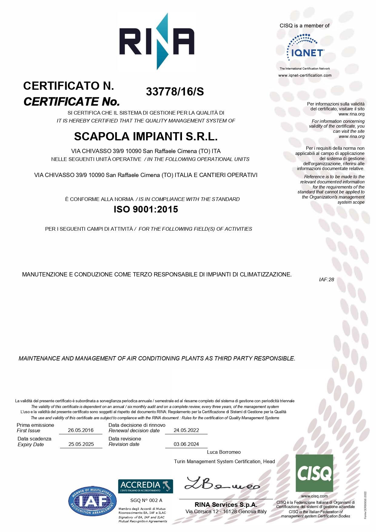 certificazione Scapola impianti ISO 9001