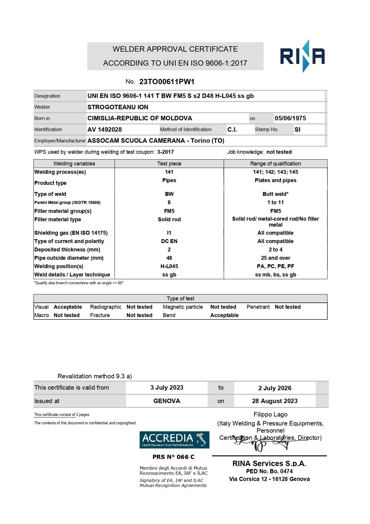  Patentino saldatura Scapola Impianti