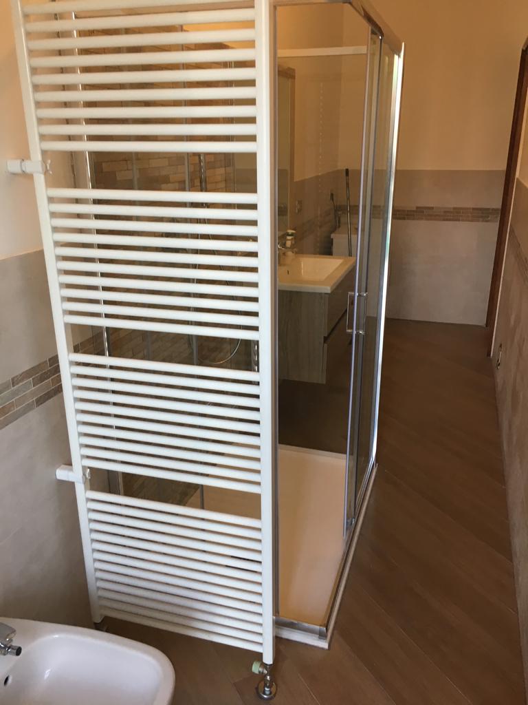 Un bagno con doccia, lavandino e portasciugamani.