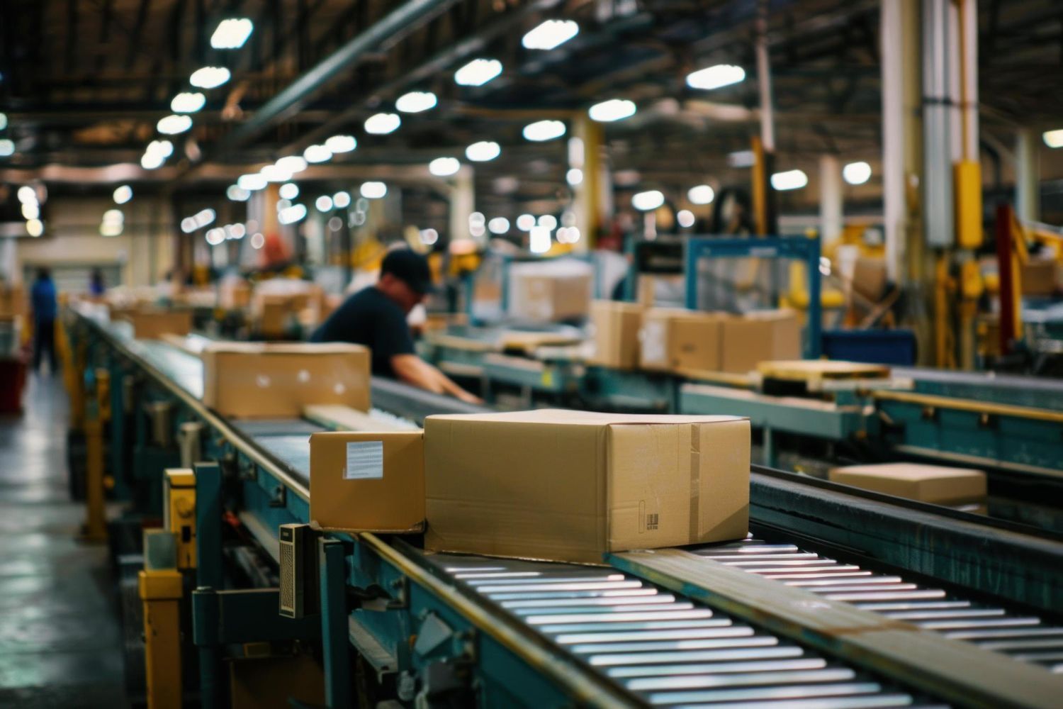 A man is sorting boxes on a conveyor belt in a factory.