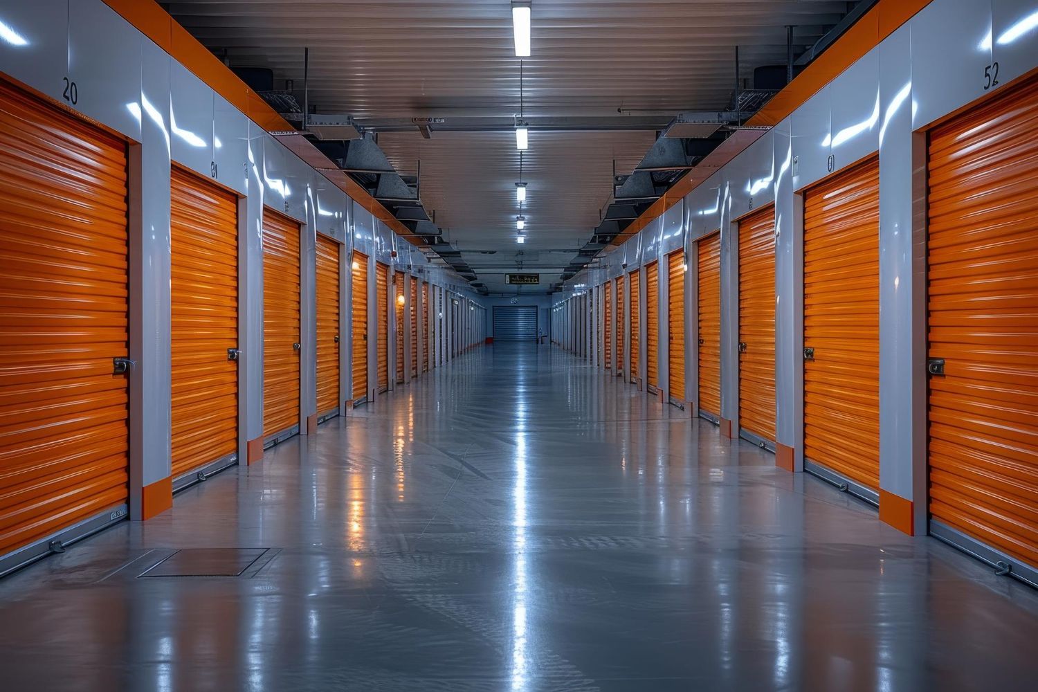 A long hallway filled with rows of orange garage doors.