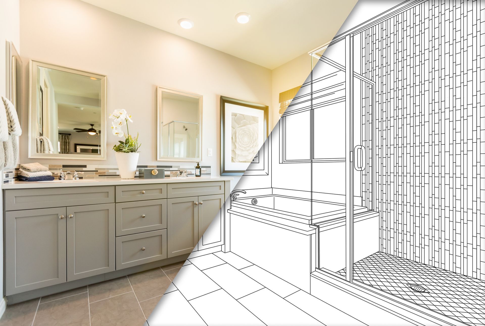 Bathroom interior design with a split view. One side is a color photograph of a completed room, the other is a line drawing of a shower.
