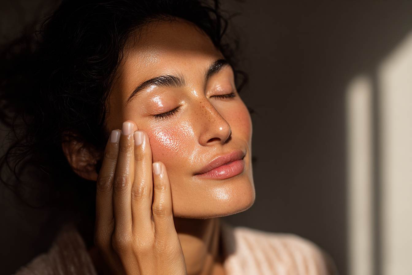 women with eyes cosed with a shiney face after putting on hydration serium