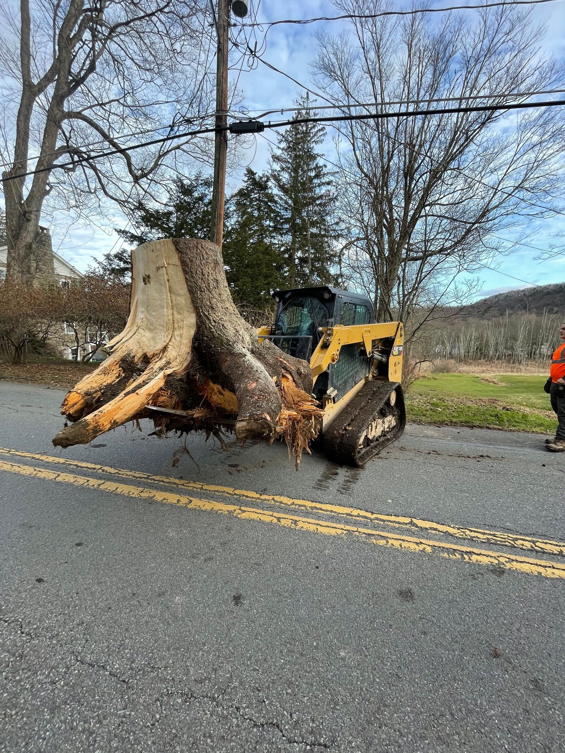 A large tree stump is being removed from the side of a road by a bulldozer.