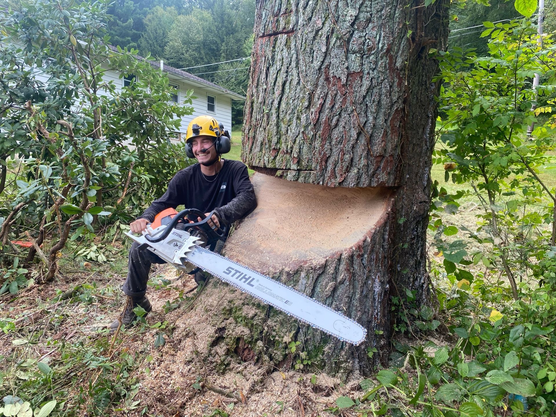 A man is sitting on a tree stump with a chainsaw.