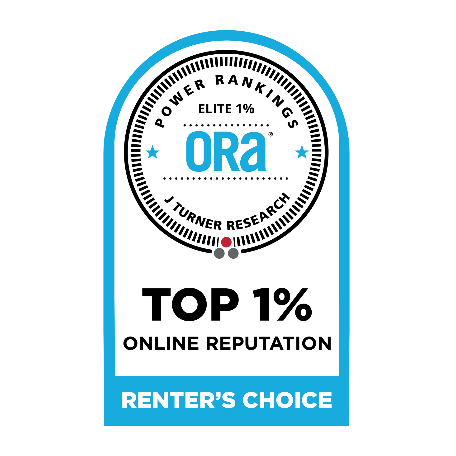 A blue and white sticker that says top 1% online reputation renter 's choice.