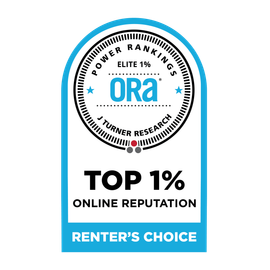 A blue and white sticker that says top 1% online reputation renter 's choice.