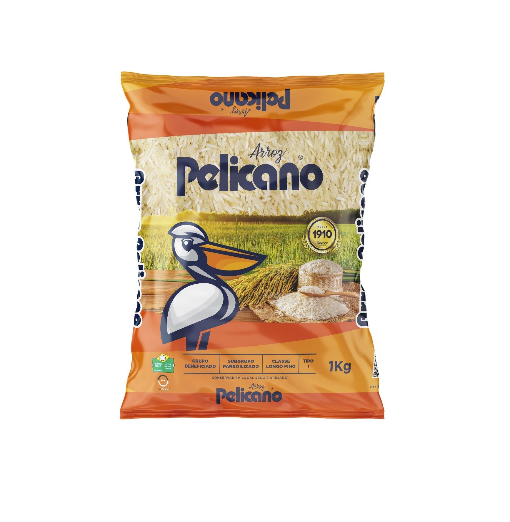 Um saco de arroz pelicano em um fundo branco.