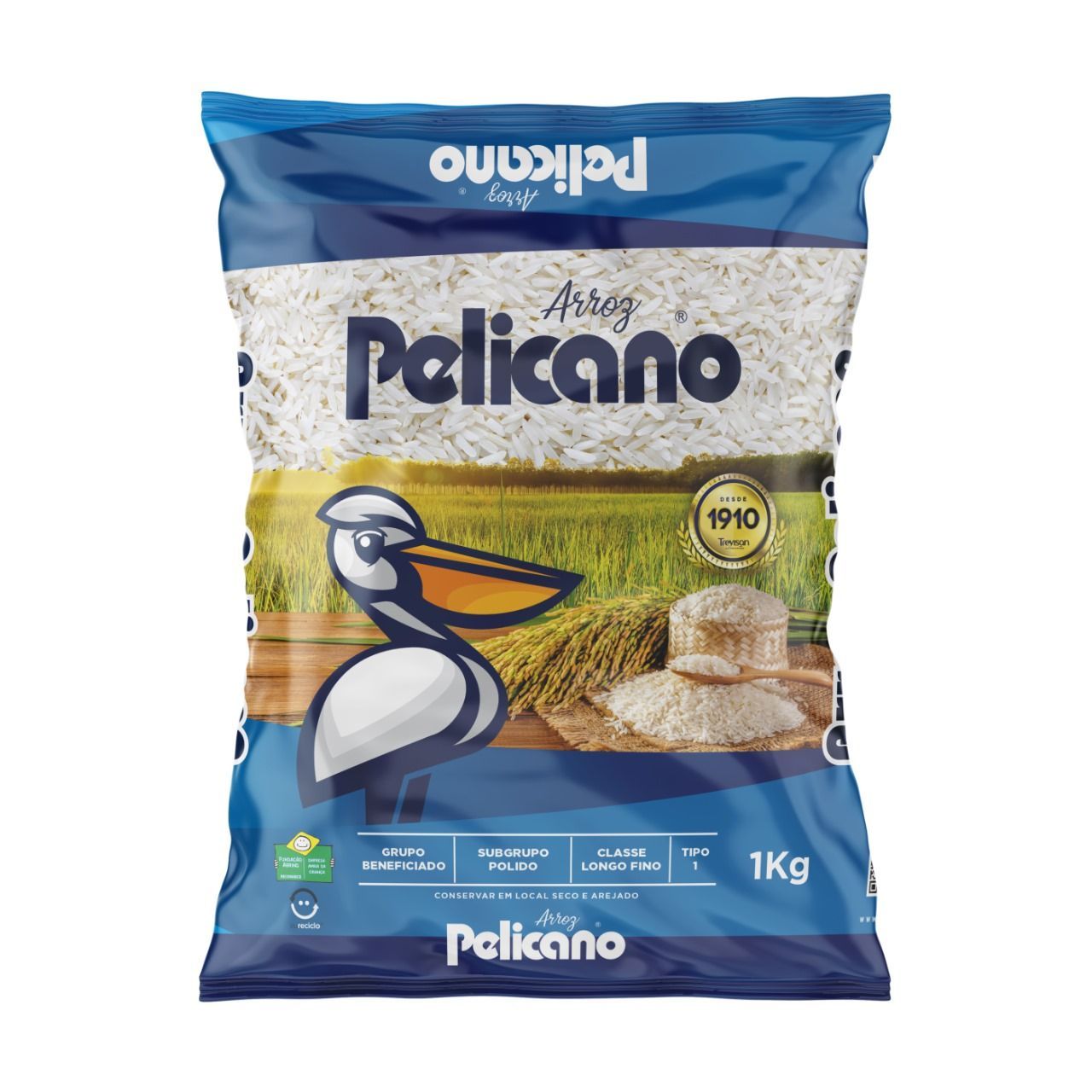 Uma bolsa azul e branca com a palavra pelicano nela