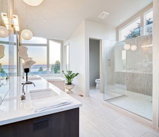 A bathroom with a walk in shower and a sink