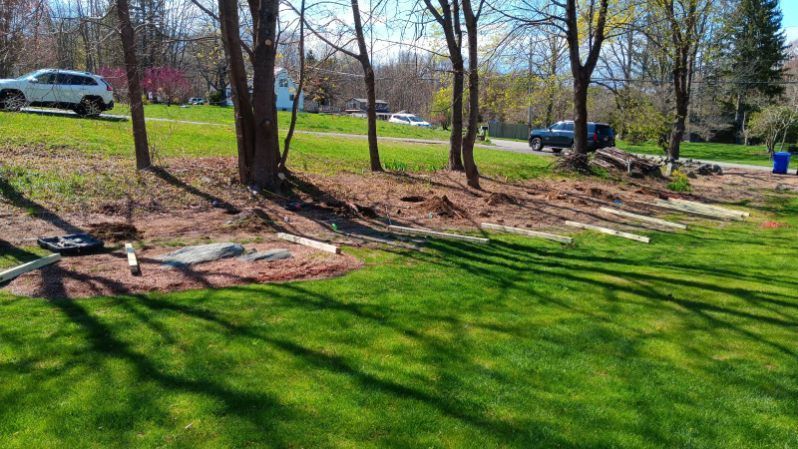 A car is parked on the side of the road next to a lush green field.