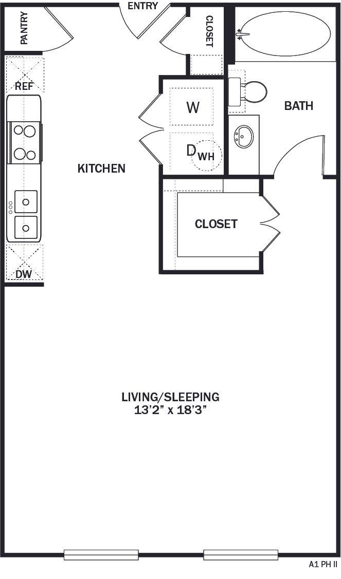Floor plan of a studio apartment with kitchen, living/sleeping area, bathroom, and closets.
