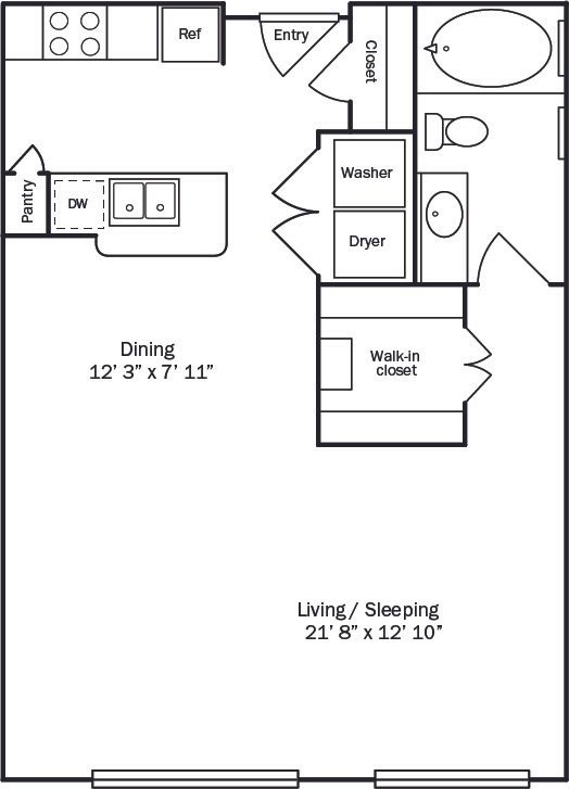 Floor plan of an apartment with kitchen, dining area, living/sleeping space, bathroom, and walk-in closet.
