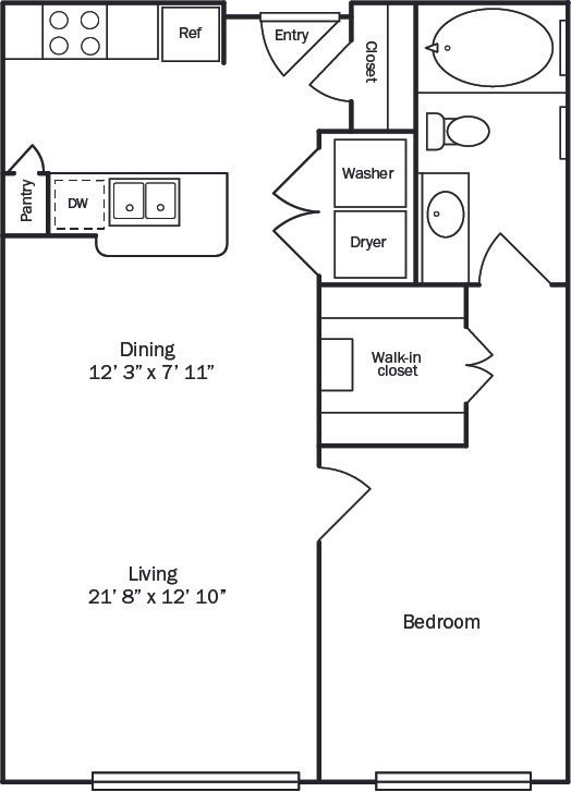 Floor plan of a one-bedroom apartment with living room, kitchen, dining area, and bathroom.