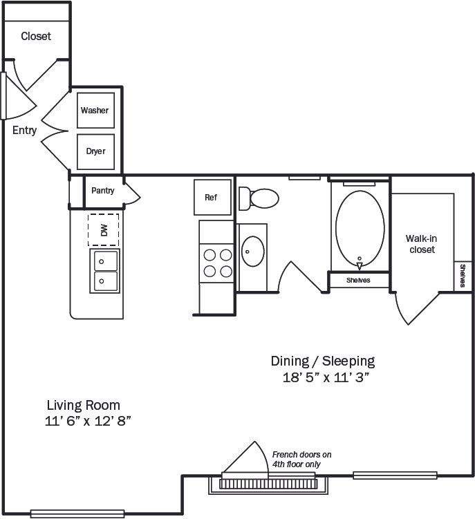 Floor plan of a studio apartment with living, dining/sleeping, kitchen, and bathroom areas.