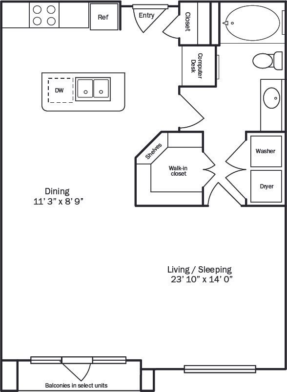 Floor plan of an apartment with kitchen, dining, living/sleeping, bathroom, and closet spaces.